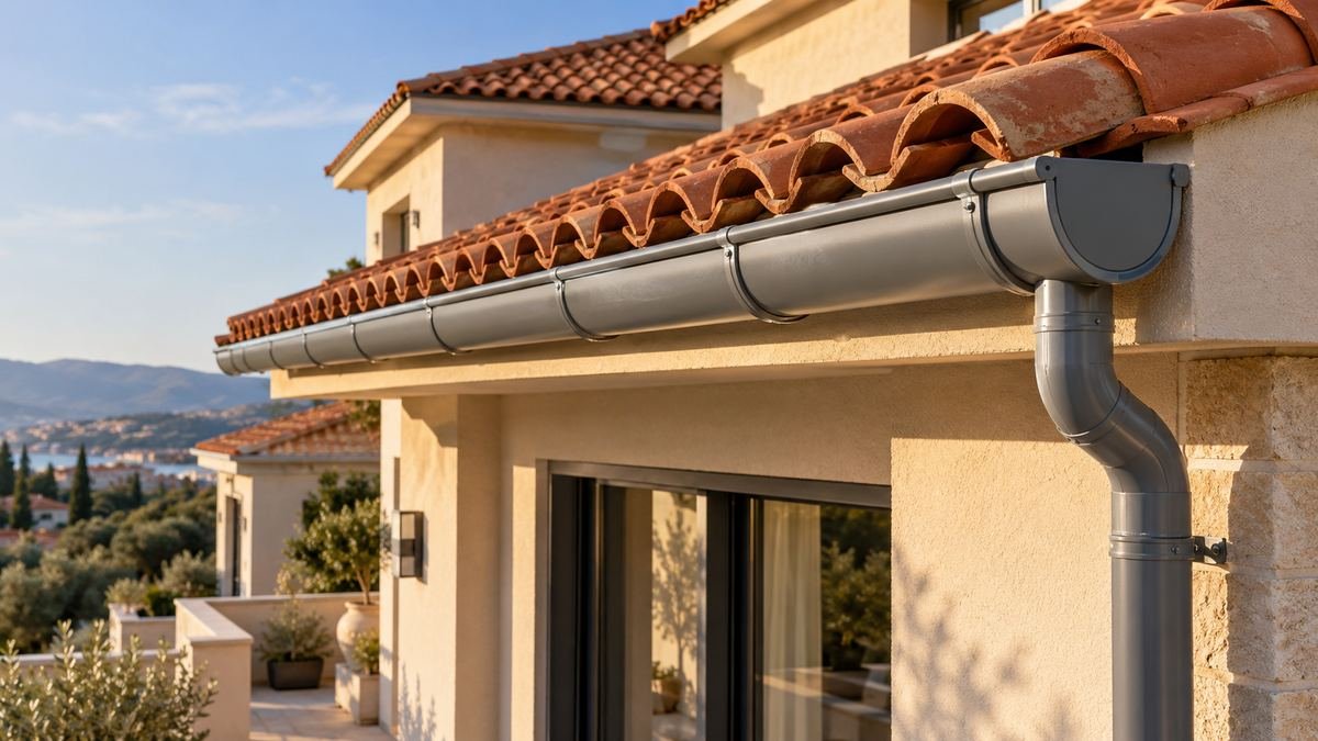مزراب رمادي نصف دائري على حافة سقف قرميد مع أنبوب نزول